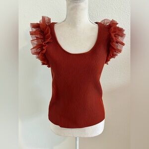 Bailey 44 Rust Ribbed Top with Ruffled Sleeves
